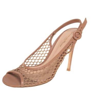 Pre Owned Gianvito Rossi Beige Leather And Mesh Slingback Sandals Size 39.5