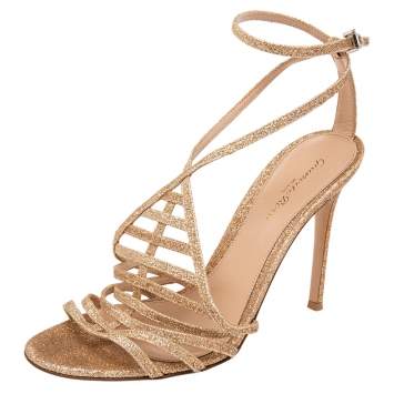 Pre Owned Gianvito Rossi Metallic Gold Glitter Strappy Sandals Size 40