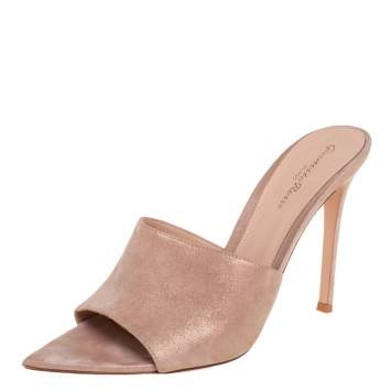 Pre Owned Gianvito Rossi Beige Laminated Suede Elle Slide Sandals Size 39