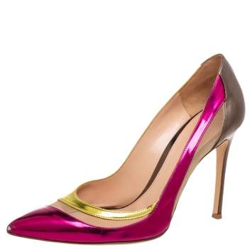 Pre Owned Gianvito Rossi Tri-Color Metallic Leather and Mesh Paneled Pointed-Toe Pumps Size 38.5