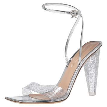 Pre Owned Gianvito Rossi Silver Leather And PVC Ankle Wrap Sandals Size 39