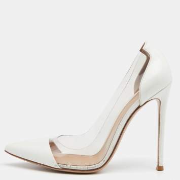 Pre Owned Gianvito Rossi White Patent Leather and PVC Plexi Pointed Toe Pumps Size 39.5