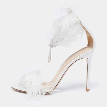 Pre Owned Gianvito Rossi White Leather and Feather Athena Sandals Size 38