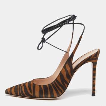 Pre Owned Gianvito Rossi Brown Zebra Print Suede Irene Ankle-Tie Pumps Size 38.5