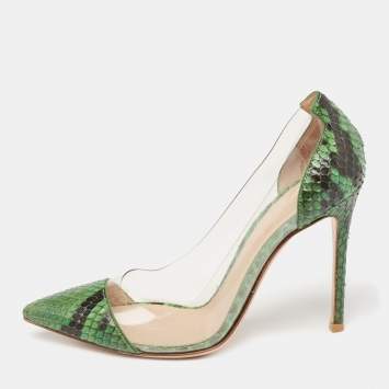 Pre Owned Gianvito Rossi Green Python Leather And PVC Plexi  Pumps Size 37.5 