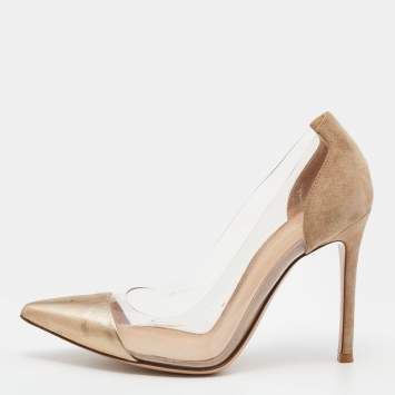 Pre Owned Gianvito Rossi Brown/Gold Suede Leather And PVC Plexi Pumps Size 35.5