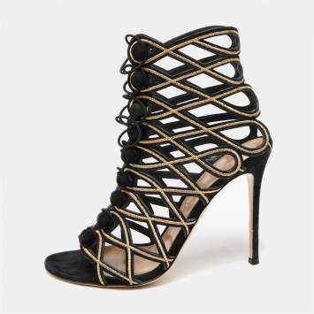 Pre Owned Gianvito Rossi Black/Gold Suede And Cutout Leather Lace Up Peep Toe Sandals Size 41