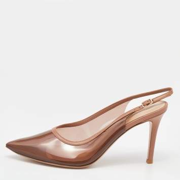 Pre Owned Gianvito Rossi Beige Leather And PVC Pointed Toe Slingback Sandals Size 37