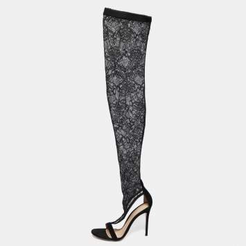 Pre Owned Gianvito Rossi Black Suede And Floral Stretch Lace Fabric Over The Knee Boot Sandals Size 37