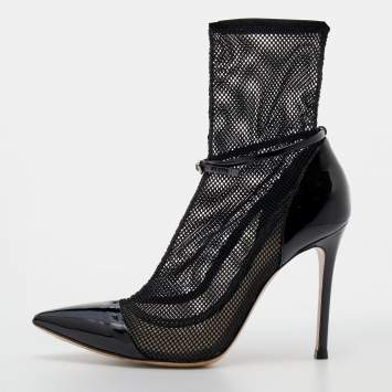 Pre Owned Gianvito Rossi Black Mesh And Patent Leather Idol Booties Size 36.5