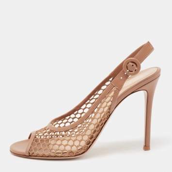 Pre Owned Gianvito Rossi Beige Honey Comb Mesh and Leather Open-Toe Slingback Sandals Size 39.5