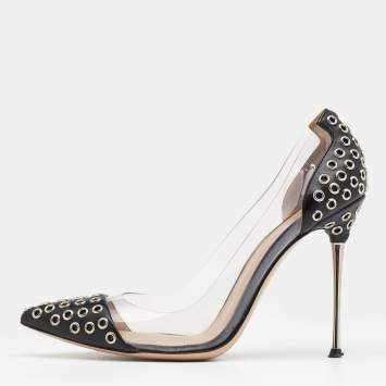 Pre Owned Gianvito Rossi Black PVC And Leather Eyelet Pointed Toe Pumps Size 37