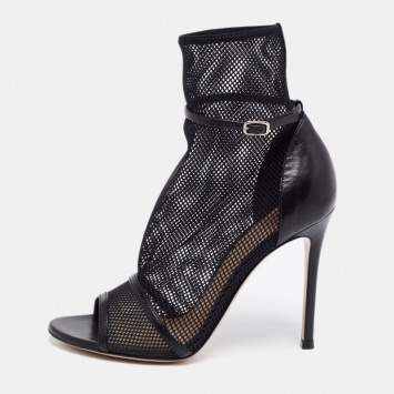 Pre Owned Gianvito Rossi Black Mesh and Leather Idol Open-Toe Ankle Booties Size 36