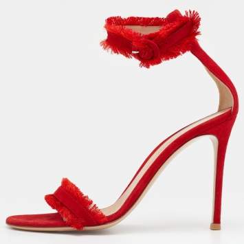 Pre Owned Gianvito Rossi Red Suede and Satin Frayed Caribe Ankle Strap Sandals Size 39