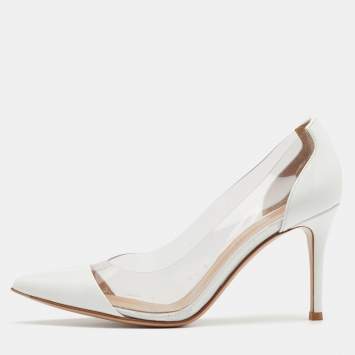 Pre Owned Gianvito Rossi White Patent Leather And PVC Plexi Pointed Toe Pumps Size 36.5