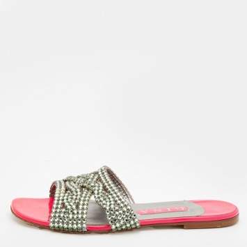 Pre Owned Gina Pink Crystal Embellished Leather Athena Flat Slides Size 38.5