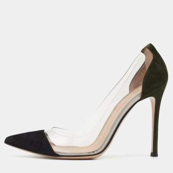 Pre Owned Gianvito Rossi Black/Green Suede And PVC Plexi Pointed Toe Pumps Size 37.5