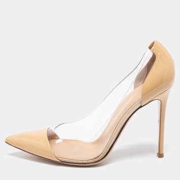Pre Owned Gianvito Rossi Beige Patent Leather and PVC Plexi Pointed Toe Pumps Size 41