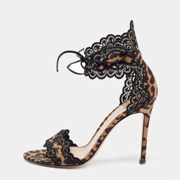 Pre Owned Gianvito Rossi Black/Brown Lace and Leopard Print Satin Ankle-Tie Sandals Size 36