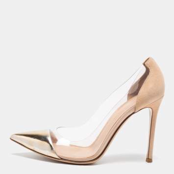 Pre Owned Gianvito Rossi Beige/Gold Suede, Leather And PVC Plexi Pointed Toe Pumps Size 38.5
