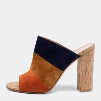 Pre Owned Gianvito Rossi Multicolor Suede Cork Block Heel Mules Size 38