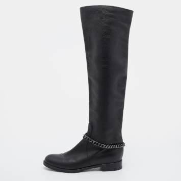 Pre Owned Gianvito Rossi Black Leather Knee Length Boots Size 37.5