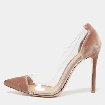 Pre Owned Gianvito Rossi Beige/Transparent Velvet And PVC Plexi Pointed Toe Pumps Size 37.5