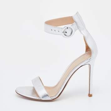 Pre Owned Gianvito Rossi Metallic Silver Leather Portofino Ankle Strap Sandals Size 36