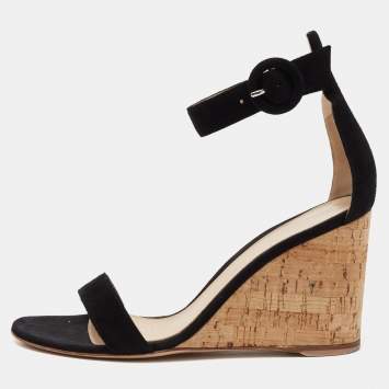 Pre Owned Gianvito Rossi Black Suede Cork Wedge Platform Ankle-Strap Sandals Size 37.5 