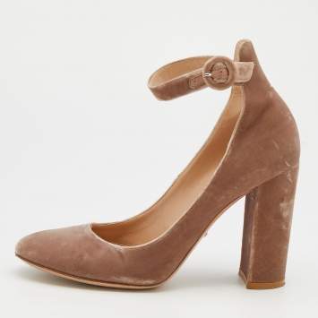 Pre Owned Gianvito Rossi Beige Velvet Block Heel Ankle Strap Pumps Size 39