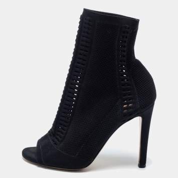 Pre Owned Gianvito Rossi Black Knit Fabric Open Toe Booties Size 37
