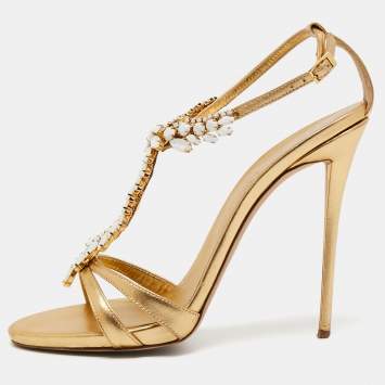 Pre Owned Gianvito Rossi Gold Leather Embellished Ankle Strap Sandals Size 40