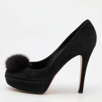 Pre Owned Gianvito Rossi Black Suede and Mink Fur Platform Pumps Size 37