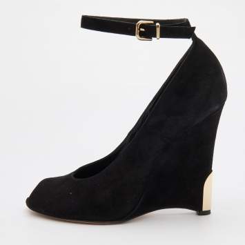 Pre Owned Gianvito Rossi Black Suede Wedge Peep Toe Ankle Strap Pumps Size 39.5