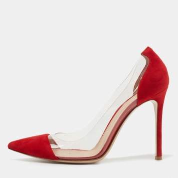 Pre Owned Gianvito Rossi Red Suede and PVC Plexi Pumps Size 38
