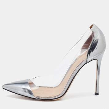 Pre Owned Gianvito Rossi Metallic Grey Leather and PVC Plexi Pointed Toe Pumps Size 41