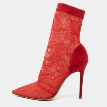 Pre Owned Gianvito Rossi Red Lace and Suede Brinn Booties Size 38.5