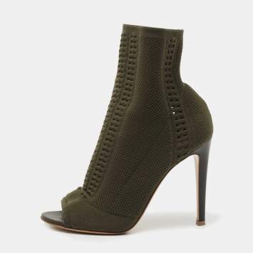 Pre Owned Gianvito Rossi Army Green Knit Fabric Open Toe Ankle Booties Size 38.5