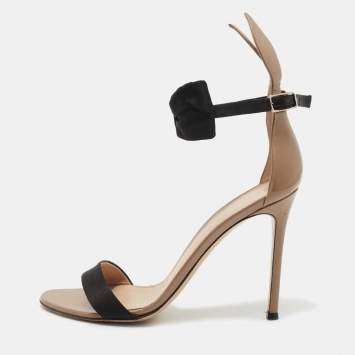 Pre Owned Gianvito Rossi Brown/Black Patent Leather and Satin Bow Ankle Strap Sandals Size 38