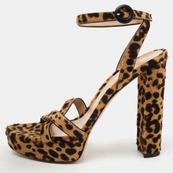 Pre Owned Gianvito Rossi Brown/Beige Leopard Print Calf Hair Platform Ankle Strap Sandals Size 39