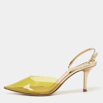 Pre Owned Gianvito Rossi Green/Gold Leather and PVC Slingback Pumps Size 39.5 