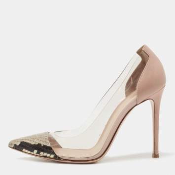 Pre Owned Gianvito Rossi Two Tone Python and  Leather Plexi Pointed Toe Pumps Size 38