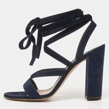 Pre Owned Gianvito Rossi Navy Blue Suede Ankle Wrap Sandals Size 40