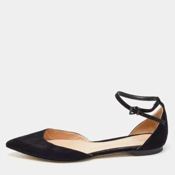 Pre Owned Gianvito Rossi Black Suede Gia Ankle Strap Flats Size 38.5