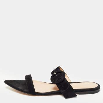 Pre Owned Gianvito Rossi Black Suede Flat Slides Size 37.5