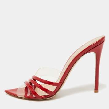 Pre Owned Gianvito Rossi Red/Transparent Patent Leather Slides Size 37.5  