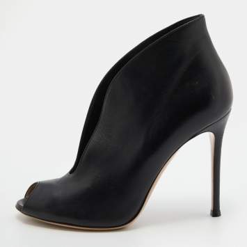 Pre Owned Gianvito Rossi Black Leather Peep Toe Vamp Ankle Booties Size 37