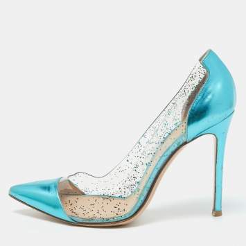 Pre Owned Gianvito Rossi Metallic Blue Leather and Glitter PVC Plexi Pumps Size 38.5