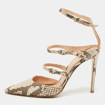 Pre Owned Gianvito Rossi Beige/Brown Python Embossed Leather Ankle Strap Pumps Size 39 