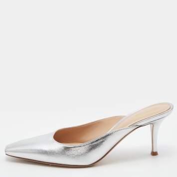 Pre Owned Gianvito Rossi Silver Leather Mules Size 38.5